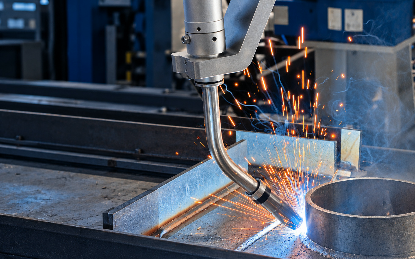 Cobot welding process with welding torch and sparks